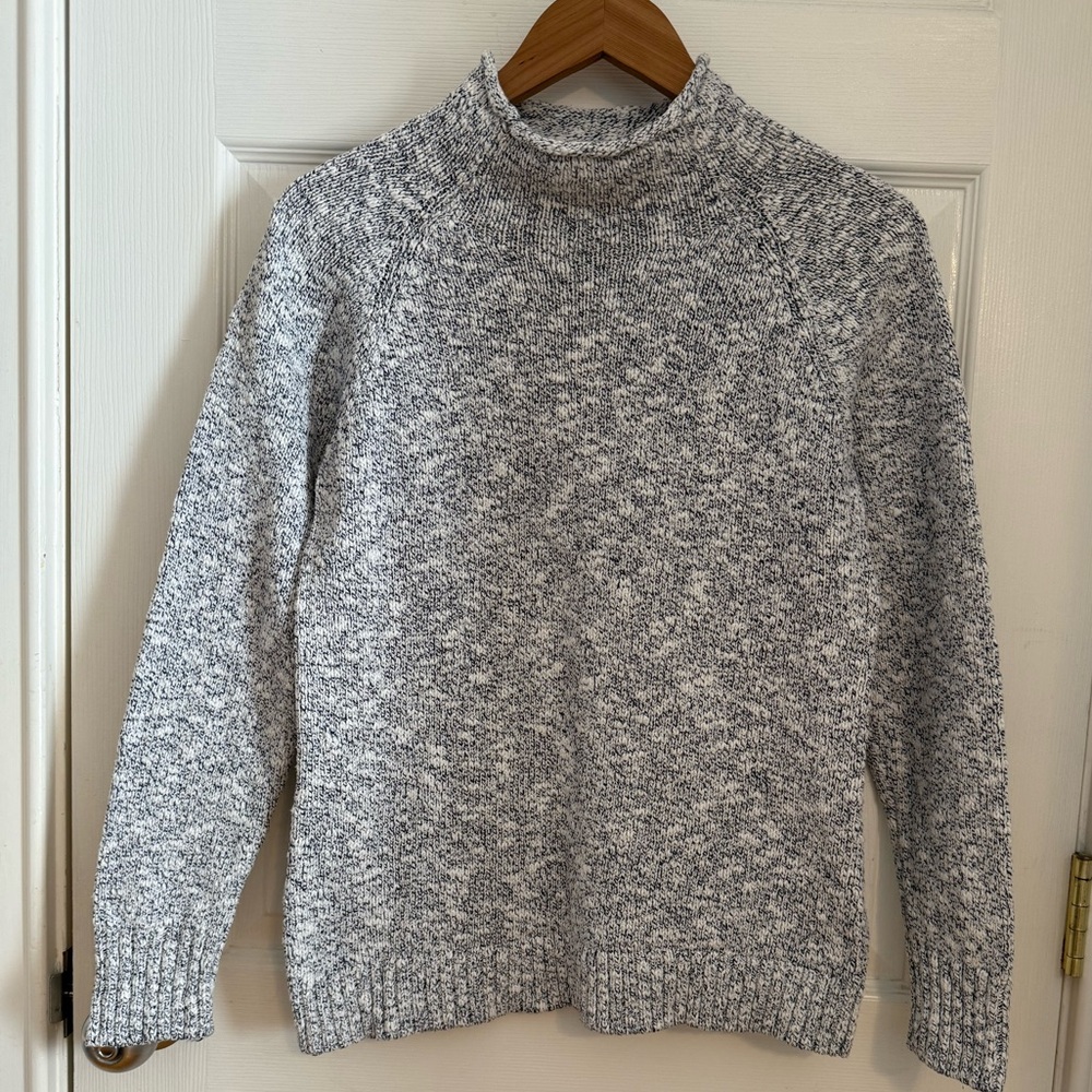 LL Bean Navy/White Marled Cotton Ragg Funnelneck Pullover Sweater‎ Size Small - Picture 2 of 10